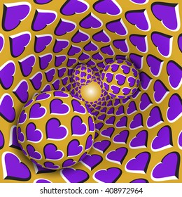 Optical illusion of three balls with heart patterns moving on a rotating purple hearts and golden funnel. Surreal abstract fantasy vector perfect for psychedelic art and creative backgrounds.
