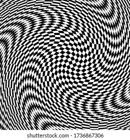 Optical Illusion With Torsion And Rotation Movement. Abstract Hypnotic Tunnel. Black And White Grid Vector Design. Creative Pattern. Dynamic Effect. Infinity Monochromatic Object. Fantasy Background