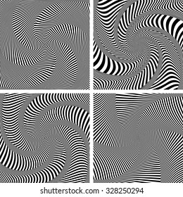 Optical illusion of torsion twisting movement. Dynamic effect. Set of abstract designs. Vector art.