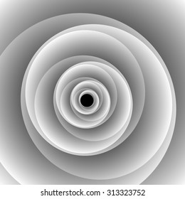 Optical illusion. Twisting curving monochrome volumetric spiral.