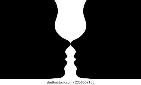 Optical illusion, two black silhouettes of faces in profile and a white silhouette of a goblet. Vector. Gestalt psychology test. Educational games, psychological books, tests, psychology.