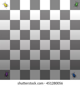 Optical illusion - the two squares in the right corners with the green and the blue beetle are the same grayscale - the shades of gray look different because of the shadow gradient.