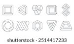 Optical illusion, unreal geometric elements. Impossible abstract linear shapes, visual delusion geometric figures flat vector illustrations collection. Unreal line figures set on white background
