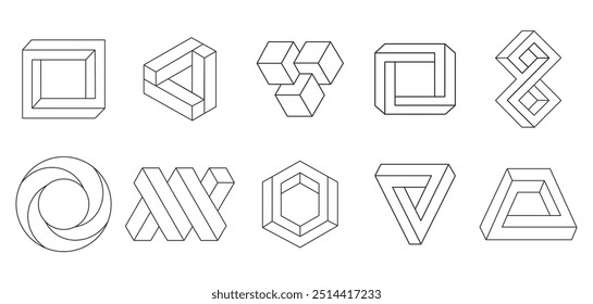 Ilusão óptica, elementos geométricos irreais. Formas lineares abstratas impossíveis, figuras geométricas delírio visual coleção de ilustrações de vetor plano. Figuras de linha irreais definidas em plano de fundo branco