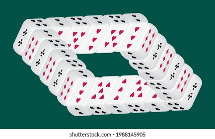 Optical illusion, unreal quadrangle. Casino signboard. Playing cards on the edges of the cubes. Vector illustration