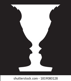 Optical Illusion With Vase And Face Profile Silhouettes. Gestalt Psychology Test Identifying Goblet Figure Or Human Profile From Background