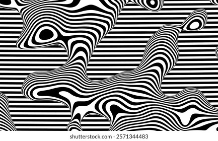 Optical illusion vector background. Simple black and white distorted lines. Opart illustration