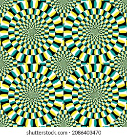 Optical illusion vector. Circular design in yellow, green black and white. Concentric circles that trick the eye into seeing rotaing movement. EPS10 vector format.