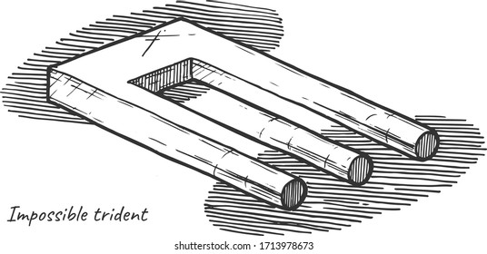 Optical illusion. Vector hand drawn illustration of Impossible trident in vintage engraved style. Isolated on white background.