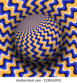 Optical illusion vector illustration. Blue orange wavy patterned sphere soaring above the same surface.