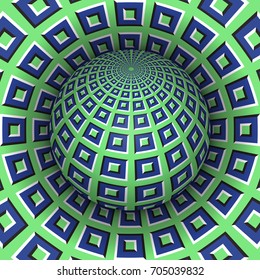 Optical illusion vector illustration. Checkered sphere soaring above the hole. Green blue patterned objects. Abstract background in a surreal style.