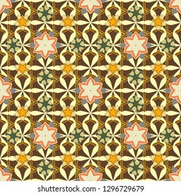 Optical illusion. Vector illustration good for the interior design, printing, web and textile design. Seamless texture of floral ornament in yellow, brown and beige colors.
