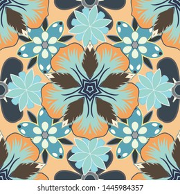 Optical illusion. Vector illustration good for the interior design, printing, web and textile design. Seamless texture of floral ornament in yellow, beige and blue colors.