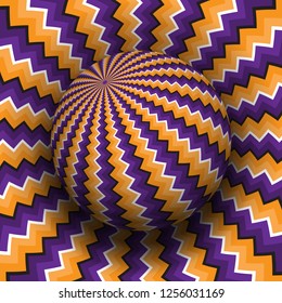 Optical illusion vector illustration. Purple orange zigzag patterned sphere soaring above the same surface.