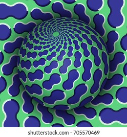 Optical illusion vector illustration. Sphere soaring above the hole. Blue green patterned objects. Abstract background in a surreal style.
