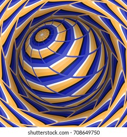 Optical illusion vector illustration. Sphere soaring above the hole. Orange blue patterned objects. Abstract background in a surreal style.