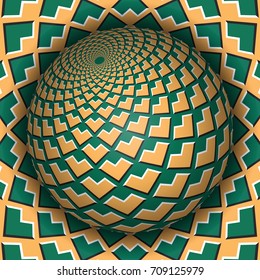 Optical illusion vector illustration. Sphere soaring above the surface. Green orange patterned objects. Abstract background in a surreal style.