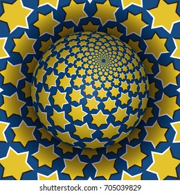 Optical illusion vector illustration. Starry sphere soaring above the surface. Yellow blue patterned objects. Abstract background in a surreal style.