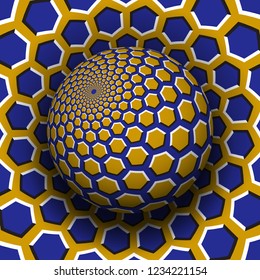 Optical illusion vector illustration. Yellow blue hexagons patterned sphere soaring above the same surface.