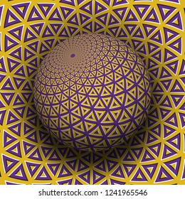 Optical illusion vector illustration. Yellow purple triangular elements patterned sphere soaring above the same surface.