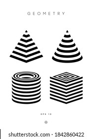 Optical illusion vector pyramid. Cylinder stripes background. Cube Logo optical abstract black and white lines design. Circle geometric round shape. Cone vector symbol op stripe modern 3d geometry.