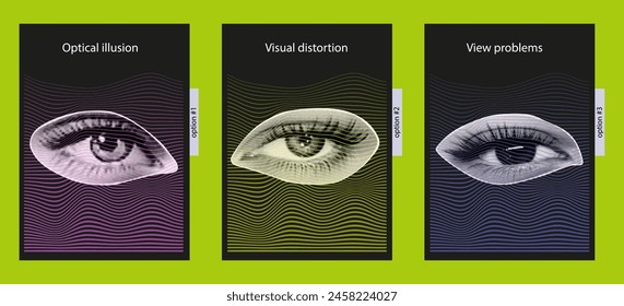 Optical illusion, vision distortion, identifying problems, poster. Contemporary collage art, visual distortion concept, visual impairment. Female eye with wavy abstract shapes. Vector, halftone style.