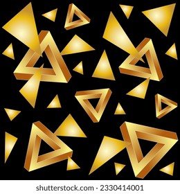 Optical illusion of volume with impossible triangles. Abstract geometrical pattern with opt art elements on black background. 3d effect. For cover, wall decoration, home decor. Vector illustration.