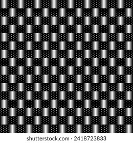 Ilusión óptica de volumen y punto de polka sobre fondo negro. Patrón transparente con elementos geométricos y gráficos para el diseño de moda, papel de envoltura, papel de regalo, cubierta. Paleta minimalista. Vector.