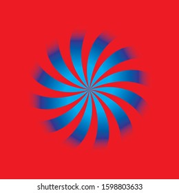 Optical illusion of volume. Round vector isolated blue  pattern on a red background. Circles of blue alternating strips, nested into each other.
