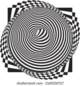 Optical illusion of volume. Round vector isolated black and white drawing on white background. Circles of black and white stripes nested inside each other.