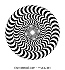 Optical illusion of volume. Round vector isolated black and white pattern on a white background. Circles of black and white alternating strips, nested into each other.
