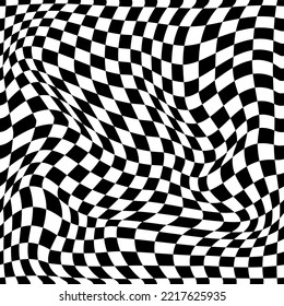 Optical illusion. Warp black pattern. White chessboard. Repeated mesh. Monochrome grid print with distorted twirls and waves. Checkered wallpaper. Vector seamless current background