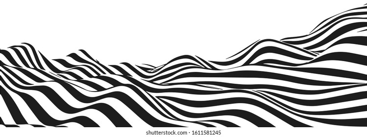 Optical Illusion Wave. Abstract 3D Black and White Illusion Art. Wavy Stripes Vector illustration.