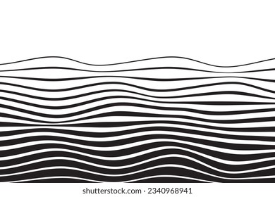 Optical illusion wave. Abstract 3d black and white illusions. Horizontal lines stripes pattern, background with wavy distortion effect. Vector illustration.