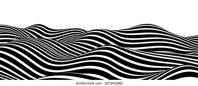 Optical illusion wave. Abstract vector background with black and white lines. Pattern distorted textures.