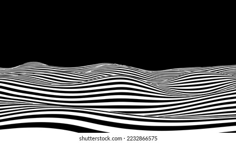 Optical illusion wave. Abstract vector background with black and white lines. Pattern distorted textures.