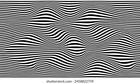 Optical illusion wave. Abstract vector background with black and white lines. Pattern distorted textures.
