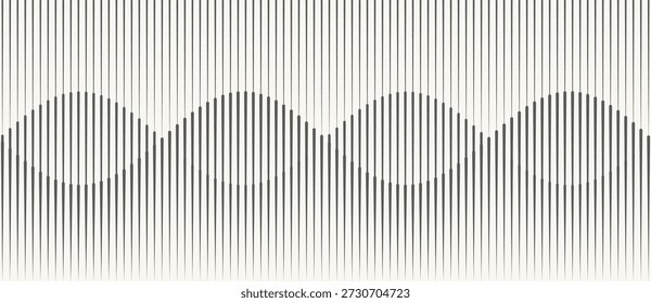 Optical illusion of wave-like motion created by vertical black lines of varying thickness. Abstract black-and-white design demonstrating visual perception and geometric distortion.