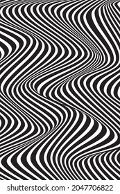 Ilusión óptica. Rayas líquidas onduladas blancas. Ilustración vectorial. La ilusión óptica de la torsión y el movimiento de rotación.  Arte óptico Resumen Diseño de Ola de fondo negro y blanco.
