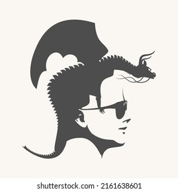 Optical illusion. Woman head with dragon as haircut. Self protection concept