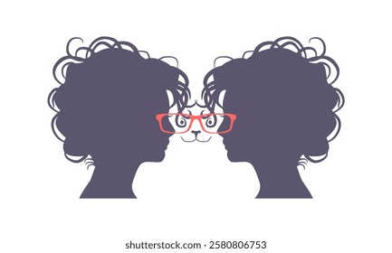 Optical illusion. Women head make silhouette of a cat wearing eyeglasses.