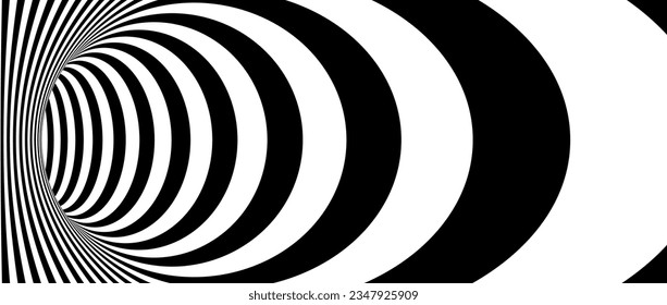 Optical illusion wormhole. Striped geometric infinite tunnel. Black and white abstract hypnotic hole shape. Vector Op art illustration