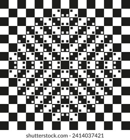 Optical illusion.Vector seamless pattern. Checkered background, design template with black and white squares illusion of space curvature. Background, texture with optical illusion effect.