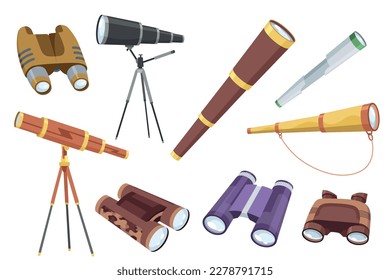 Optical instruments icon for viewing distant objects set. Different devices for education binoculars for scientists and spyglass. Modern isolated vector illustration