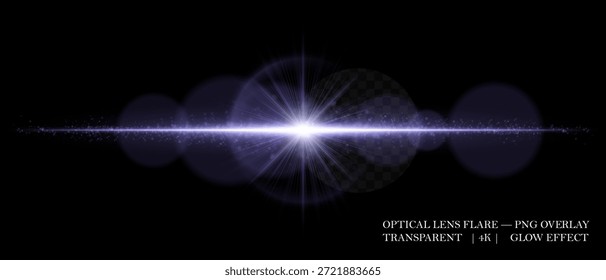 Destello de lente óptica con núcleo brillante, partículas dispersas y haz Horizontal. Perfecto para superposiciones, reflejos cinematográficos y efectos visuales futuristas en diseño digital.