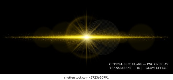 Destello de lente óptica con núcleo brillante, partículas dispersas y haz Horizontal. Perfecto para superposiciones, reflejos cinematográficos y efectos visuales futuristas en diseño digital.