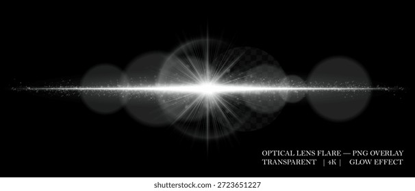Destello de lente óptica con núcleo brillante, partículas dispersas y haz Horizontal. Perfecto para superposiciones, reflejos cinematográficos y efectos visuales futuristas en diseño digital.