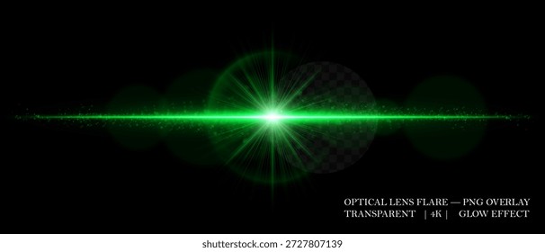 Destello de lente óptica con núcleo brillante, partículas dispersas y haz Horizontal. Perfecto para superposiciones, reflejos cinematográficos y efectos visuales futuristas en diseño digital.