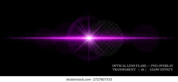 Optische Linsenfackel mit glühendem Kern, gestreuten Teilchen und horizontalem Strahl. Perfekt für Overlays, filmische Highlights und futuristische visuelle Effekte im digitalen Design.
