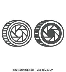 Optical lens with shutter line and solid icon, photography and optics concept. Vector graphics. Camera lens zoom sign on white background, outline style icon for mobile or web design